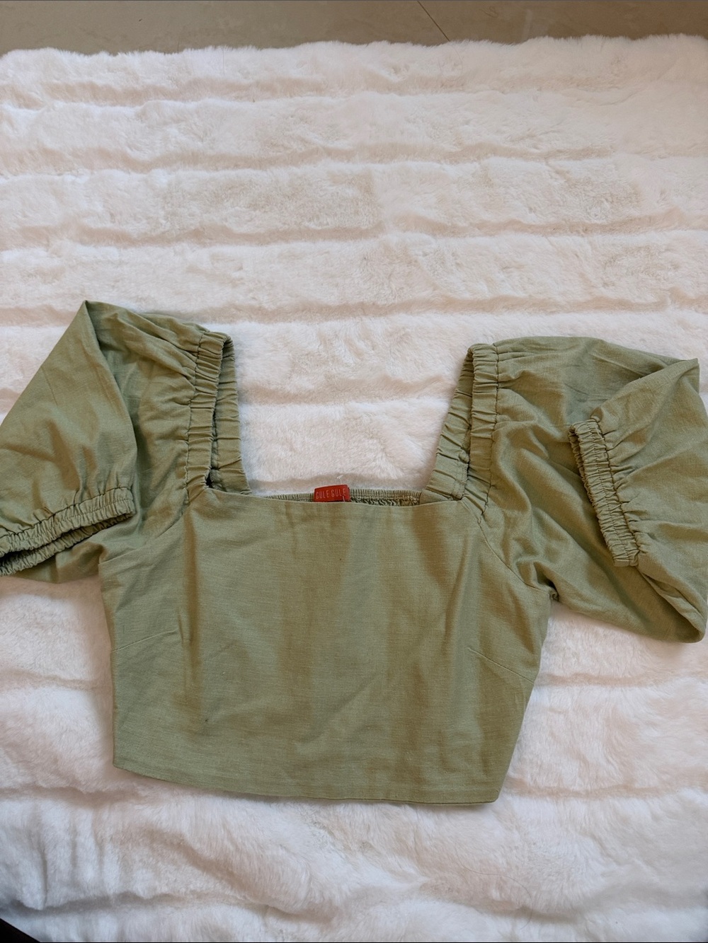 Square Neck Olive Puff Sleeve Crop Top